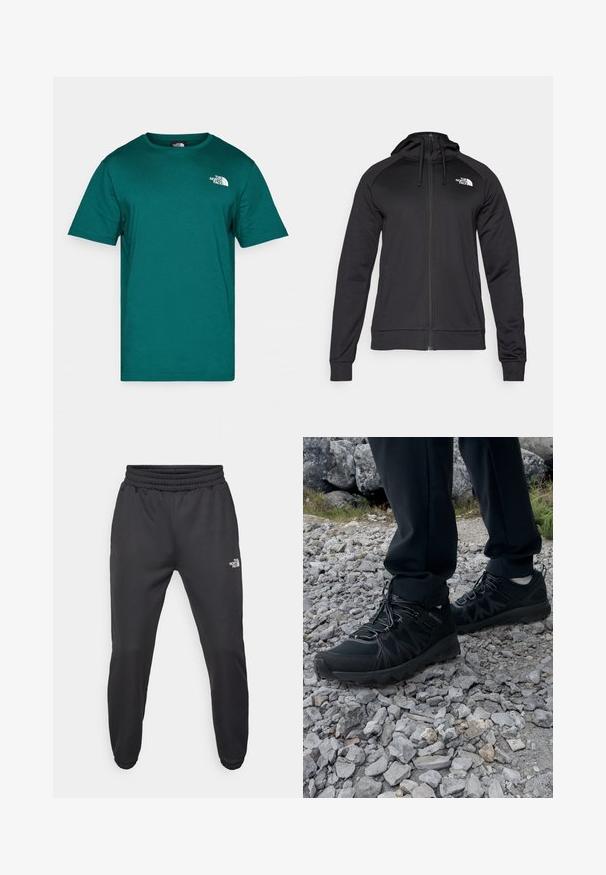 Black zip-up hoodie with a fitted design, featuring a drawstring hood and logo on the left chest. Soft, stretchy fabric with ribbed cuffs.; Teal cotton crew-neck t-shirt with short sleeves. Features a white logo on the upper left chest and a smooth fabric texture.; Black sweatpants with a drawstring waist, tapered fit, elastic cuffs, and a small white logo on the left thigh, made from smooth fabric.; Black outdoor shoes with mesh and synthetic material, featuring a textured upper, secured lacing system, and a rugged outsole, on rocky terrain.