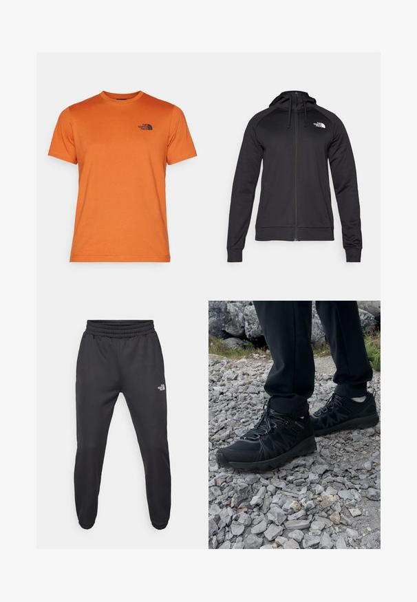 Felpa nera con zip e design aderente, dotata di cappuccio regolabile con cordino e logo sul petto a sinistra. Tessuto morbido e elastico con polsini a coste.; The North Face M SS SIMPLE DOME TEE - T-Shirt sport - earthen copper; Pantaloni sportivi neri con vita regolabile tramitecordino, vestibilità affusolata, polsini elasticizzati e un piccolo logo bianco sulla coscia sinistra, realizzati in tessuto morbido.; Scarpe da esterni nere realizzate in mesh e materiale sintetico, con una parte superiore testurizzata, un sistema di allacciatura sicuro e una suola robusta, su terreno roccioso.