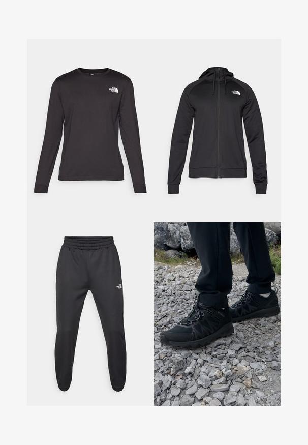 Mustat vetoketjulliset hupparit, joissa on istuva muotoilu, varustettuna nyörillä säädettävässä hupussa ja logolla vasemmassa rinnassa. Pehmeä, joustava kangas ribbaantuneilla hihansuilla.; Pitkähihainen musta t-paita, joka on valmistettu pehmeästä puuvillasta. Paidassa on pyöreä kaula-aukko ja pieni valkoinen logo vasemmalla ylhäällä. Pintakosketus on sileä.; Mustat collegehousut, joissa on nauhakuomu vyötäröllä, kapeneva fit, elastiset hihansuut ja pieni valkoinen logo vasemmassa reidessä, valmistettu sileästä kankaasta.; Mustat ulkokengät, joissa on verkko- ja synteettinen materiaali, teksturoitu päällinen, varma nauhoitusjärjestelmä ja kestävä pohja kivikkoisella maastolla.