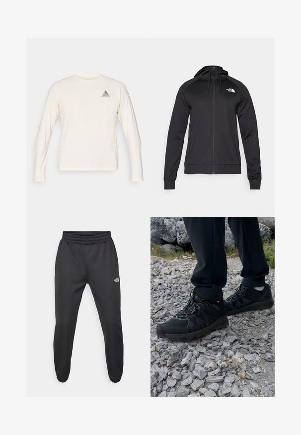 Schwarze Zip-Hoodie mit tailliertem Design, ausgestattet mit einer Kordelzugkapuze und einem Logo auf der linken Brust. Weicher, dehnbarer Stoff mit gerippten Bündchen.; Langärmliges cremefarbenes Hemd aus weichem Stoff, mit einer dreieckigen Grafikapplikation auf der linken Brust und seitlichen Taschen.; Schwarze Jogginghose mit verstellbarem Bund, schlanker Passform, elastischen Bündchen und einem kleinen weißen Logo am linken Oberschenkel, hergestellt aus glattem Stoff.; Schwarze Outdoor-Schuhe aus Mesh und synthetischem Material, mit einer strukturierten Oberseite, gesichertem Schnürsystem und griffiger Laufsohle, auf felsigem Gelände.