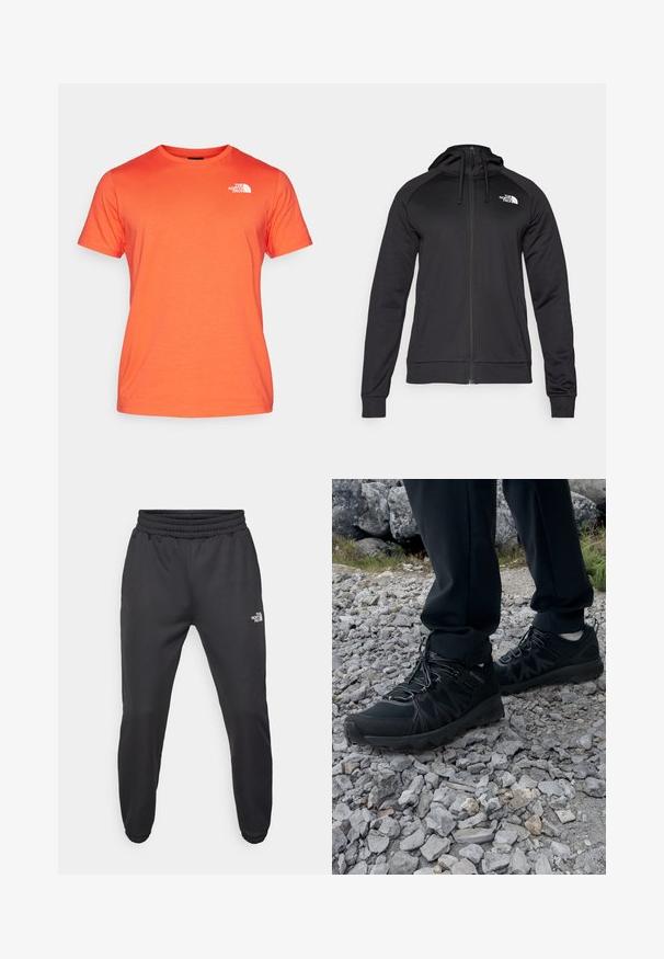 Black zip-up hoodie with a fitted design, featuring a drawstring hood and logo on the left chest. Soft, stretchy fabric with ribbed cuffs.; The North Face M SS BOX NSE TEE - Print T-shirt - crimson orange/black; Black sweatpants with a drawstring waist, tapered fit, elastic cuffs, and a small white logo on the left thigh, made from smooth fabric.; Black outdoor shoes with mesh and synthetic material, featuring a textured upper, secured lacing system, and a rugged outsole, on rocky terrain.