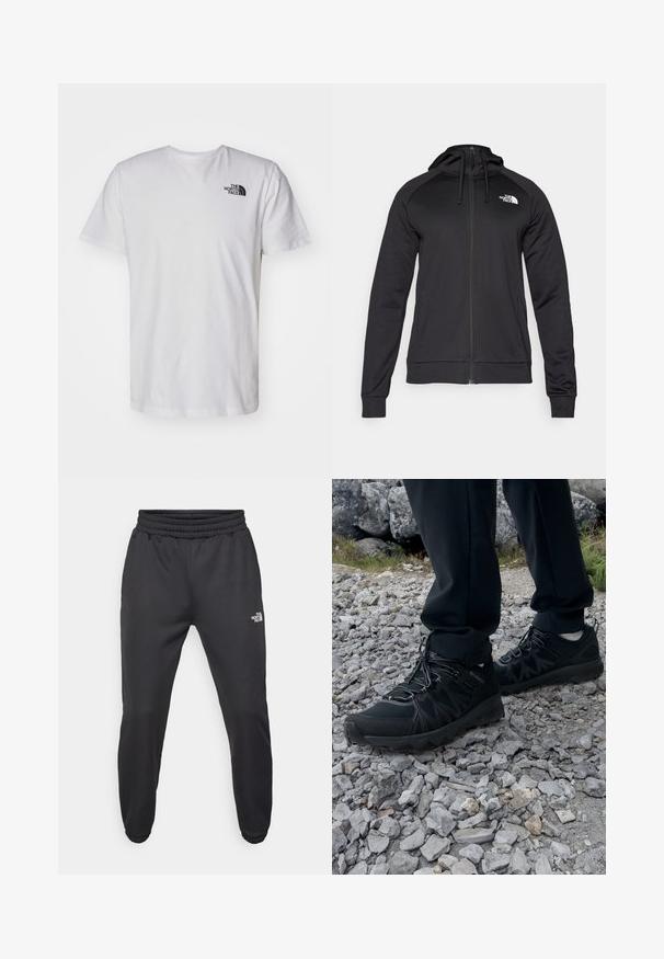 Sudadera negra con cremallera y un diseño ajustado, que incluye una capucha con cordón y un logo en el lado izquierdo del pecho. Fabricada con un material suave y elástico, con puños acanalados.; Camiseta blanca de algodón con mangas cortas y cuello redondo. Presenta un pequeño logo negro en la parte superior izquierda del pecho. Textura suave.; Pantalones deportivos negros con cintura ajustable mediante cordón, corte tapered, puños elásticos y un pequeño logo blanco en el muslo izquierdo, fabricados en tejido suave.; Zapatos exteriores negros con malla y material sintético, que presentan un upper texturizado, un sistema de cordones seguro y una suela robusta, sobre terreno rocoso.