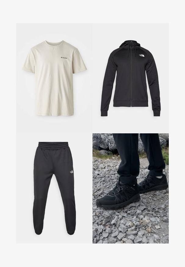 Czarny zamykany na zamek dres z dopasowanym krojem, z kapturem na sznurku i logo na lewej piersi. Miękka, elastyczna tkanina z prążkowanymi mankietami.; Beżowa bawełniana koszulka z krótkim rękawem, okrągłym dekoltem i małym czarnym logo na lewej części klatki piersiowej. Gładki, niezbyt ozdobiony materiał.; Czarne dresy z elastycznym paskiem w talii, zwężanym krojem, elastycznymi mankietami i małym białym logo na lewej udzie, wykonane z gładkiego materiału.; Czarne buty outdoorowe wykonane z siateczki i materiału syntetycznego, z fakturowaną cholewką, zabezpieczonym systemem sznurowania i solidną podeszwą, na skalistym terenie.