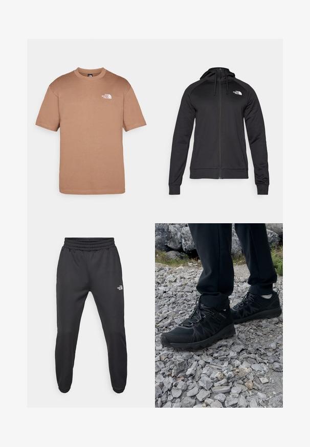 Black zip-up hoodie with a fitted design, featuring a drawstring hood and logo on the left chest. Soft, stretchy fabric with ribbed cuffs.; Brown cotton T-shirt with a crew neckline, short sleeves, and a white logo on the left chest. Soft texture, regular fit.; Black sweatpants with a drawstring waist, tapered fit, elastic cuffs, and a small white logo on the left thigh, made from smooth fabric.; Black outdoor shoes with mesh and synthetic material, featuring a textured upper, secured lacing system, and a rugged outsole, on rocky terrain.