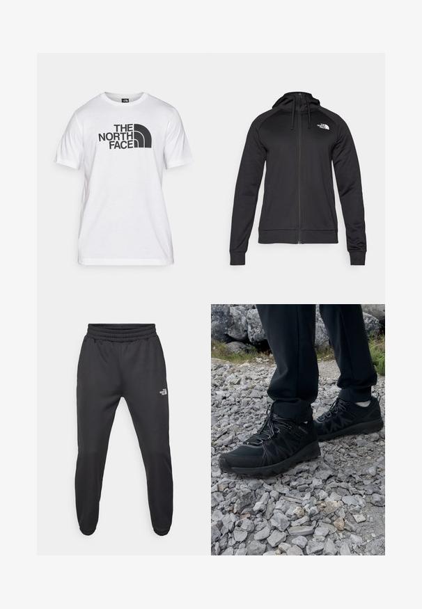 Zwarte rits-hoodie met een aansluitend ontwerp, voorzien van een trekkoordsluiting en een logo op de linkerborst. Zacht, rekbaar materiaal met geribde manchetten.; Witte katoenen t-shirt met een zwart graphic print met tekst en een gebogen logo-ontwerp. Ronde halslijn en korte mouwen. Effen textuur.; Zwarte sweatpants met een trekkoord in de taille, tapered fit, elastische boorden en een klein wit logo op de linker dij, gemaakt van gladde stof.; Zwarte buitenschoenen van mesh en synthetisch materiaal, met een gestructureerd bovenwerk, een beveiligd vetersysteem en een robuuste zool, op een ruig terrein.