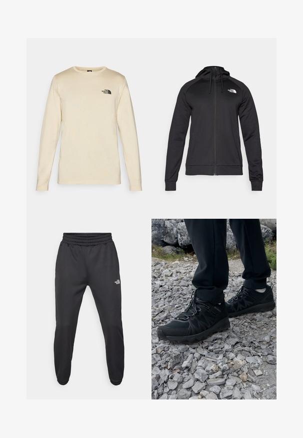 Svart hettegenser med glidelås og en tettsittende design, med snor for justering av hetta og logo på venstre bryst. Mykt, elastisk stoff med ribbede mansjetter.; Langermet skjorte i lys beige, laget av bomull. Har en svart logo på venstre bryst og en rund hals med ribbestrikkede mansjetter.; Sorte joggebukser med snor i livet, tettsittende passform, elastiske mansjetter og en liten hvit logo på venstre lår, laget av glatt materiale.; Sorte utendørssko i svart med mesh og syntetisk materiale, med en teksturert overdel, sikret snøresystem og en robust såle, på steinete terreng.