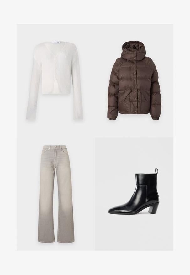 Brown puffer jacket with a hood, featuring a quilted design, snap buttons, and two side pockets. Made from water-resistant material.; Lightweight, cream-colored cardigan in a ribbed knit pattern. Features a V-neck, long sleeves, and five buttons down the front.; Black cotton t-shirt with a round neck, short sleeves, and blue embroidered "Calvin Klein JEANS" logo on the front.; Gray wide-leg jeans with a faded finish, button closure, five-pocket design, and stitched detailing along the seams.; Black leather ankle boot with a pointed toe, a geometric stacked heel, and a pull tab at the back. Smooth texture and sleek design.