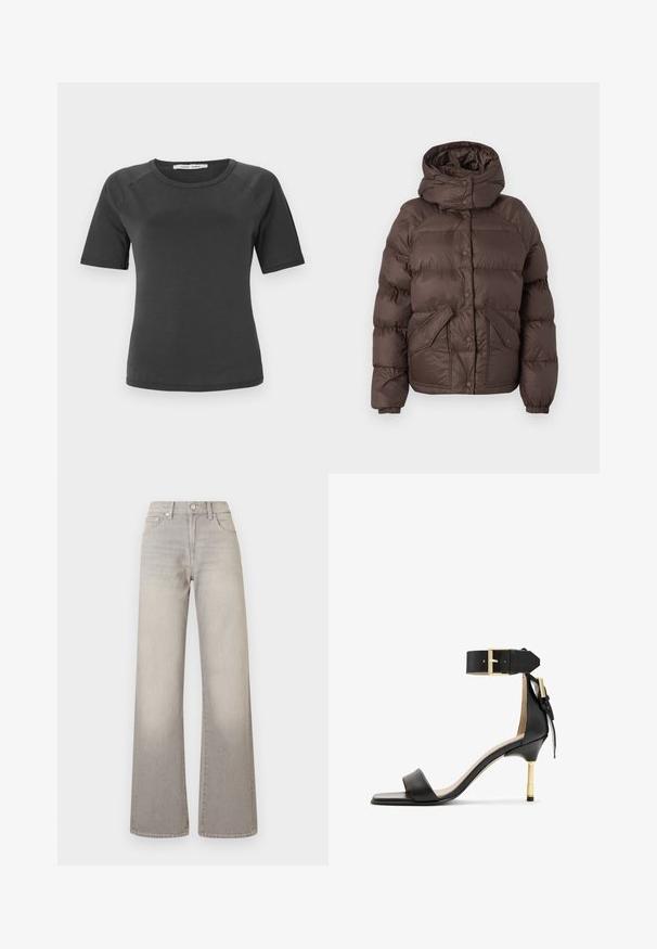 Brun pufferjakke med hette, med et quiltet design, trykknapper og to sidelommer. Laget av vannavvisende materiale.; Svart v-hals genser i en myk ullblanding, med lange ermer og ribbestrikkede mansjetter og nederkant. Enkel, klassisk design uten mønstre eller detaljer.; Mørkegrå t-skjorte med korte ermer og rund hals, laget av glatt stoff, med raglanermer og et minimalistisk design.; Grå vide ben jeans med en falmet finish, knaplukning, fem-lomme design og stikninger langs sømmen.; Svarte lær høyhælte sandaler med firkantet tå, ankelrem med gullspenne, og en slank metallhæl. Glatt tekstur, minimalistisk design.