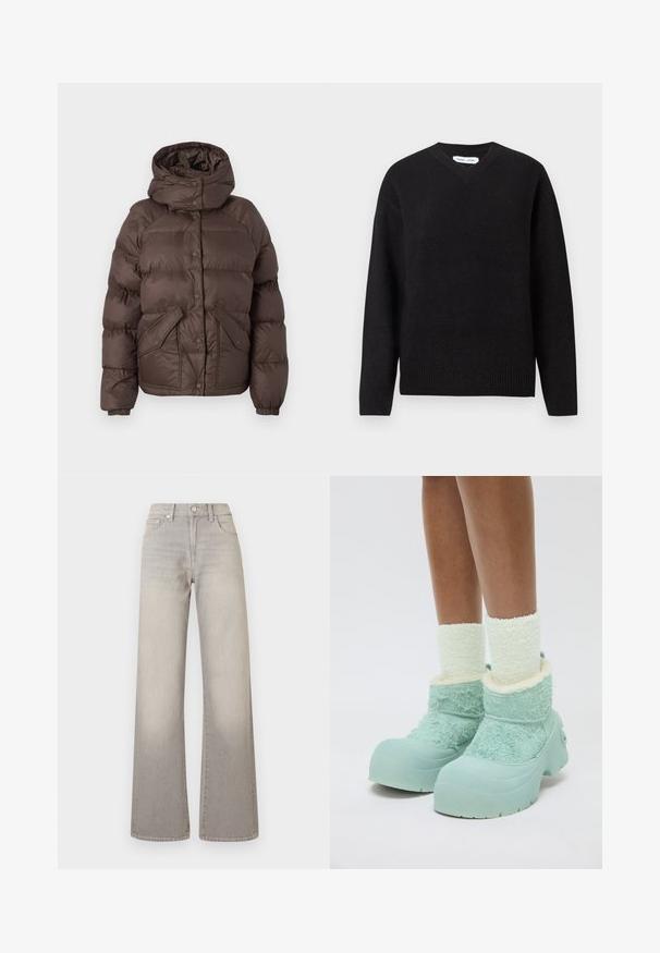 Pruun puff jakker, millel on kapuuts, eriotstarbeline tikand, nööbid ja kaks küljetaskut. Valmistatud veekindlast materjalist.; Mustast V-kaelusega sviiter pehmest villasegust, millel on pikad varrukad ja ribidega mansetid ja alus. Lihtne, klassikaline disain ilma mustrite või aktsentideta.; Hallide lai püksid hallis toonis, kahvatu viimistlusega, nööbiga kinnitamine, viie tasku disain ja õmbluste äärtes kaunistus.; Jalad, millel on paksud valged siledad sokid ja massiivsed helesinised talvekummikud tekstuurse kangaga ja kummist tallaga valgel taustal.