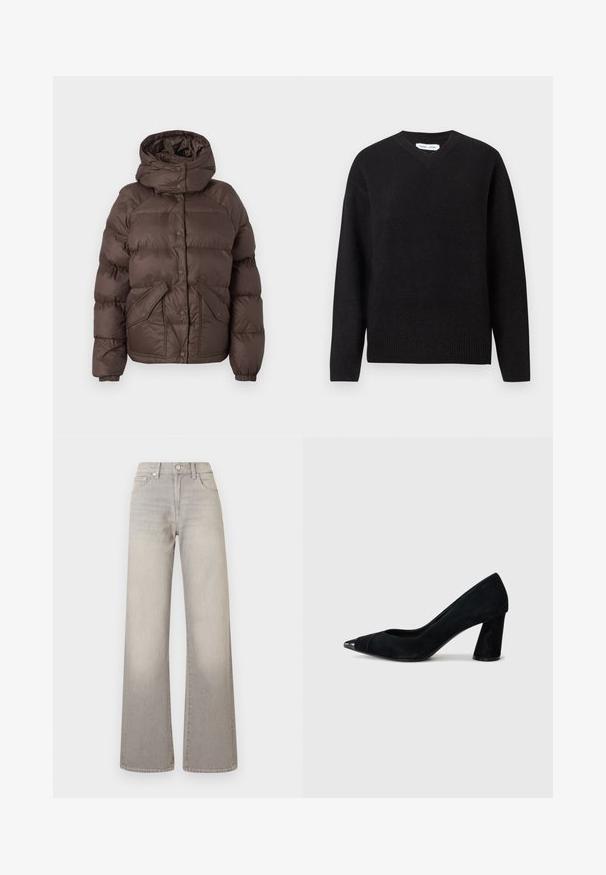 Hnedá páperová bunda s kapucňou, s prešívaným dizajnom, s patentnými gombíkmi a dvomi postrannými vreckami. Vyrobená z vodoodolného materiálu.; Čierny svetre s v-výstrihom vyrobený z mäkkej vlnenej zmesi, disponujúci dlhými rukávmi a rebrovanými manžetami a lemom. Jednoduchý, klasický dizajn bez vzorov alebo akcentov.; Šedé široké džínsy s vyblednutým povrchom, zapínanie na gombík, dizajn s piatimi vreckami a prešitie pozdĺž švov.; Čierne semišové lodičky na vysokom podpätku s špicatou špičkou, s lesklou čiernou špičkou a širokým, zúženým podpätkom.