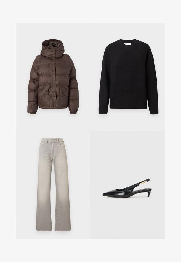 Casaco puffer castanho com capuz, apresentando um design acolchoado, botões de pressão e dois bolsos laterais. Feito de material resistente à água.; Sweater preto de decote em V, em uma mistura suave de lã, apresentando mangas longas e punhos e barra canelados. Design simples e clássico, sem padrões ou detalhes.; Jeans largos cinzentos com um acabamento desbotado, fecho de botão, design de cinco bolsos e detalhes costurados ao longo das costuras.; Saltos slingback em couro preto com bico fino, apresentando um salto esguio e um detalhe em tom dourado na alça ajustável. Textura suave.