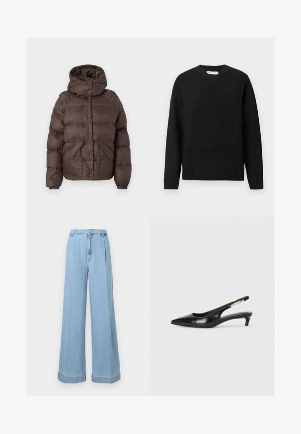 Geacă puf maro cu glugă, având un design matlasat, cu butoni snap și două buzunare laterale. Fabricată din material rezistent la apă.; Pulover negru cu guler în V, dintr-un amestec moale de lână, cu mâneci lungi și manșete și tiv ribelate. Design simplu, clasic, fără modele sau accente.; Jeans din denim de culoare albastru deschis, cu croială largă, talie înaltă, plii în față și un tiv brut pentru un aspect casual.; Sandale slingback din piele neagră cu vârf ascuțit, având un toc subțire și un accent de culoare aurie pe curea ajustabilă. Textură netedă.