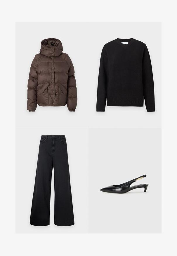 Brown puffer jacket with a hood, featuring a quilted design, snap buttons, and two side pockets. Made from water-resistant material.; Black v-neck sweater in a soft, wool blend, featuring long sleeves and ribbed cuffs and hem. Simple, classic design without patterns or accents.; Black wide-leg denim jeans with high waist and front button closure, displayed against a plain background.; Black leather slingback heels with a pointed toe, featuring a slim heel and a gold-tone accent on the adjustable strap. Smooth texture.