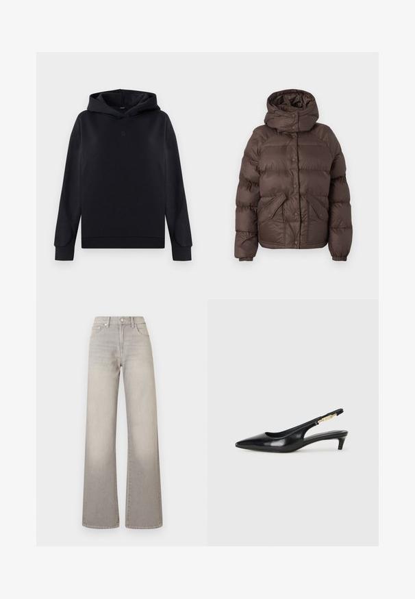 Brūns pūkains jaka ar kapuci, ar kvadrāta rakstu, aizdares pogām un divām sānu kabatām. Izgatavota no ūdensizturīga materiāla.; Melna kapucēta džempera izgatavots no kokvilnas maisījuma. Iespējas ietver brīvu piegriezumu, garas piedurknes un mazu logotipu centrā. Gluda tekstūra.; Pelēki plaša krusta džinsi ar izgaismotu apdari, pogu aizdari, piecu kabatu dizainu un izšūtiem detalizējumiem gar šuvēm.; Melnas ādas slingback zābaki ar smailu purngalu, ar šauru papēdi un zelta krāsas akcentu uz regulējama siksniņas. Gluda tekstūra.
