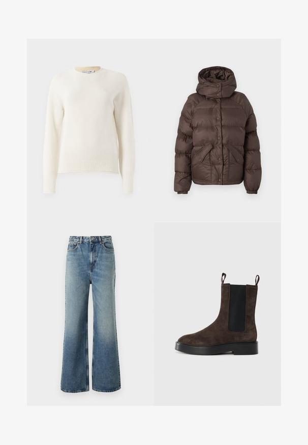 Brown puffer jacket with a hood, featuring a quilted design, snap buttons, and two side pockets. Made from water-resistant material.; Off-white knitted long-sleeve sweater with ribbed cuffs and hem, round neckline, and small embroidered logo on the chest.; Light blue denim jeans with a high waist, wide-leg cut, slight fading, and contrast stitching; features front pockets and a button closure.; Brown suede ankle boot with elastic side panels and pull tabs. Features a rounded toe and chunky black heel for stability.