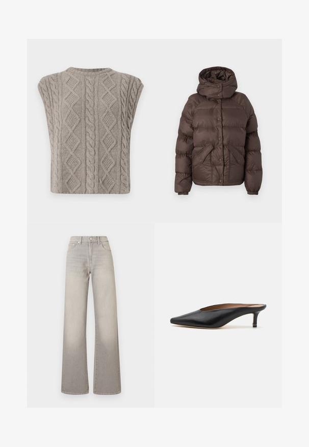 Cafékleurige pufferjack met een capuchon, voorzien van een gestikt ontwerp, drukknoopsluiting en twee zijzakken. Gemaakt van waterafstotend materiaal.; Mouwloze kabelgebreide trui in zacht grijs. Bevat textuurpatronen van vlechten en diamanten. Rond decolleté en cropped silhouet.; Grijze wijde jeans met een vervaagde afwerking, knoopsluiting, vijfzakkenontwerp en gestikte details langs de naden.; Zwarte leren muiltjes met een puntige neus en een lage, blokhak. Glad oppervlak met een gestroomlijnd ontwerp. Open achterkant met minimale details.