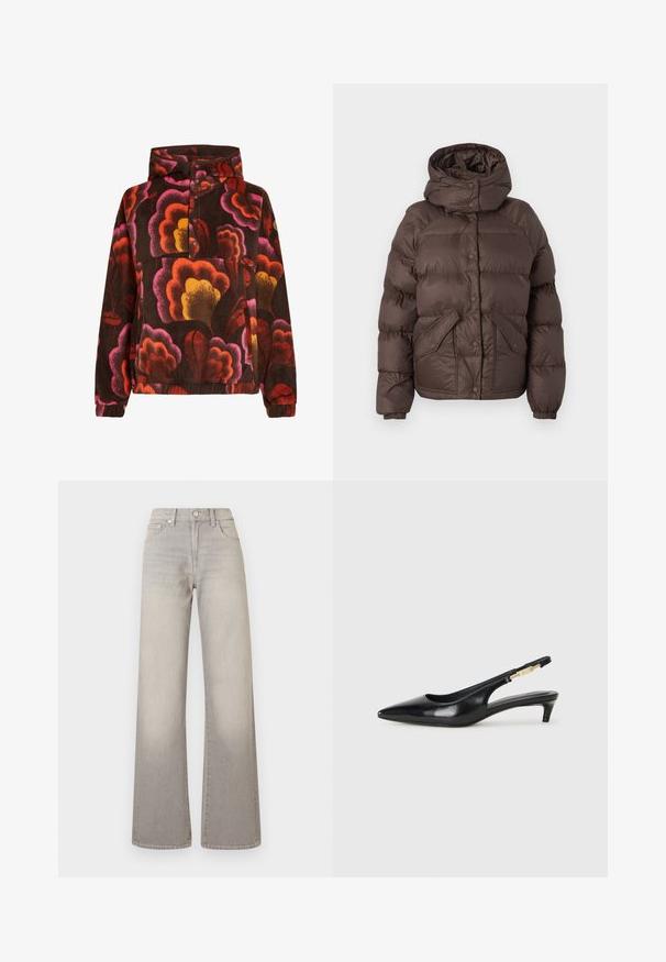 Rjava puhovka s kapuco, z odejano zasnovo, pritisnimi gumbi in dvema stranskima žepoma. Narejena iz vodoodpornega materiala.; Pulover iz flisa z rožnatimi, oranžnimi in rumenimi cvetličnimi vzorci na temno rjavi podlagi. Ima kapuco in gumbasto zaponko. Mehak na dotik.; Sive široke jeans hlače z utonulim zaključkom, z gumbom za zapiranje, petimi žepi in šiviljskim detajlom ob šivih.; Črne usnjene sandale na peto z ostro konico, ki imajo tanko peto in zlat ton na nastavljivem traku. Gladka tekstura.