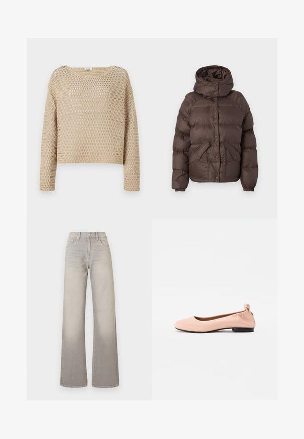 Καφέ φουσκωτό μπουφάν με κουκούλα, με επενδυμένο σχέδιο, κουμπιά-κόπιες και δύο πλευρικές τσέπες. Κατασκευασμένο από αδιάβροχο υλικό.; Μπεζ πλεκτό πουλόβερ με άνετη εφαρμογή, διαθέτοντας υφή ανοιχτής ύφανσης, στρογγυλή λαιμόκοψη και μακριά μανίκια.; Γκρίζα παντελόνια με φαρδύ πόδι με ξεθωριασμένη φινίρισμα, κλείσιμο με κουμπί, σχέδιο πέντε τσεπών και ραμμένες λεπτομέρειες κατά μήκος των ραφών.; Ανοιχτό ροζ μπαλαρίνες από λείο υλικό με στρογγυλή μύτη, ευλύγιστη πλάτη και μικρό μαύρο τακούνι.