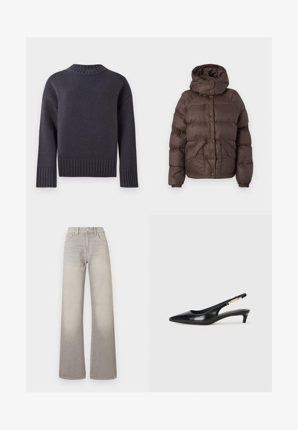 Veste en duvet marron avec une capuche, présentant un design matelassé, des boutons-pression et deux poches latérales. Fabriquée en matériau résistant à l'eau.; Pull en tricot bleu marine avec un col haut à côtes et des poignets ainsi qu'un ourlet à larges côtes. Il présente une coupe décontractée et un tissu texturé.; Jean large gris avec une finition délavée, fermeture à bouton, design à cinq poches et coutures conçues le long des coutures.; Talons hauts en cuir noir avec un bout pointu, dotés d'un talon fin et d'un accent en ton or sur la lanière réglable. Texture lisse.