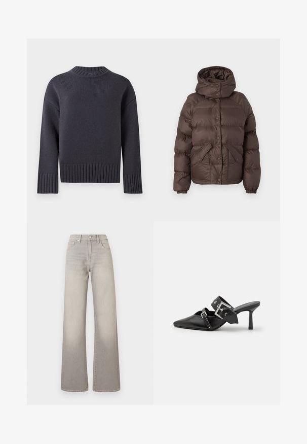 Brązowa kurtka puchowa z kapturem, z pikowanym wzorem, napami zatrzaskowymi i dwoma kieszeniami po bokach. Wykonana z materiału odpornego na wodę.; Granatowy sweter z dzianiny z wysokim ściągaczem przy dekolcie oraz szerokimi ściągaczami na mankietach i dolnej krawędzi. Charakteryzuje się luźnym krojem i fakturowanym materiałem.; Szare dżinsy o szerokich nogawkach z wyblakłym wykończeniem, zapięcie na guzik, pięć kieszeni oraz przeszycia wzdłuż szwów.; Czarne mule na wysokim obcasie z ostrym noskiem, wykonane z gładkiej skóry. Posiadają szeroki pasek na kostkę z kwadratową srebrną klamrą i ćwiekami.