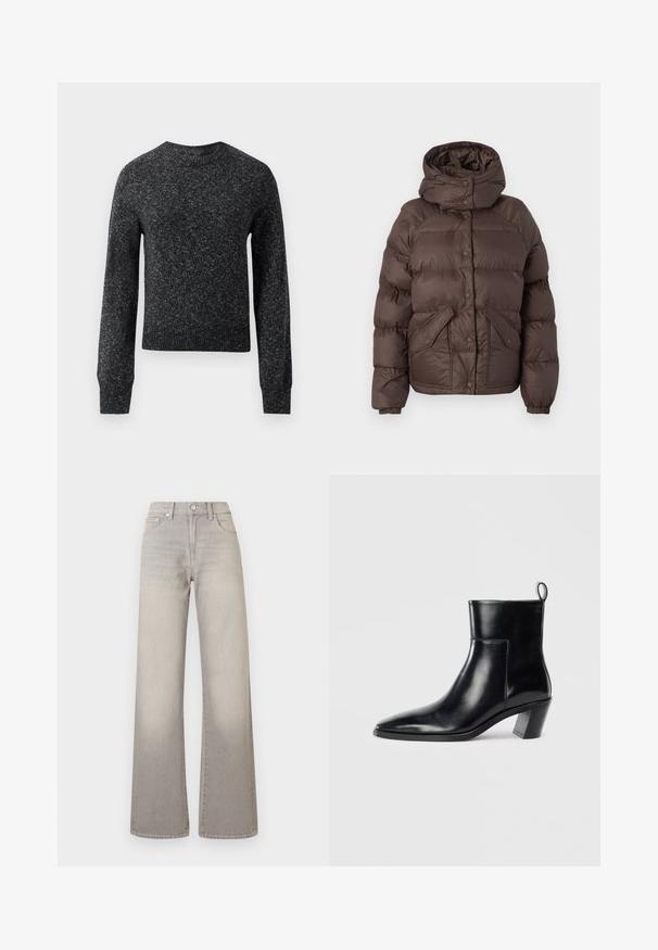 Veste en duvet marron avec une capuche, présentant un design matelassé, des boutons-pression et deux poches latérales. Fabriquée en matériau résistant à l'eau.; Pull en tricot marbré gris foncé avec manches longues, poignets côtelés, ourlet et col rond, présenté sur fond blanc.; Jean large gris avec une finition délavée, fermeture à bouton, design à cinq poches et coutures conçues le long des coutures.; Bottine en cuir noir avec un bout pointu, un talon empilé géométrique et une languette à l'arrière. Texture lisse et design épuré.
