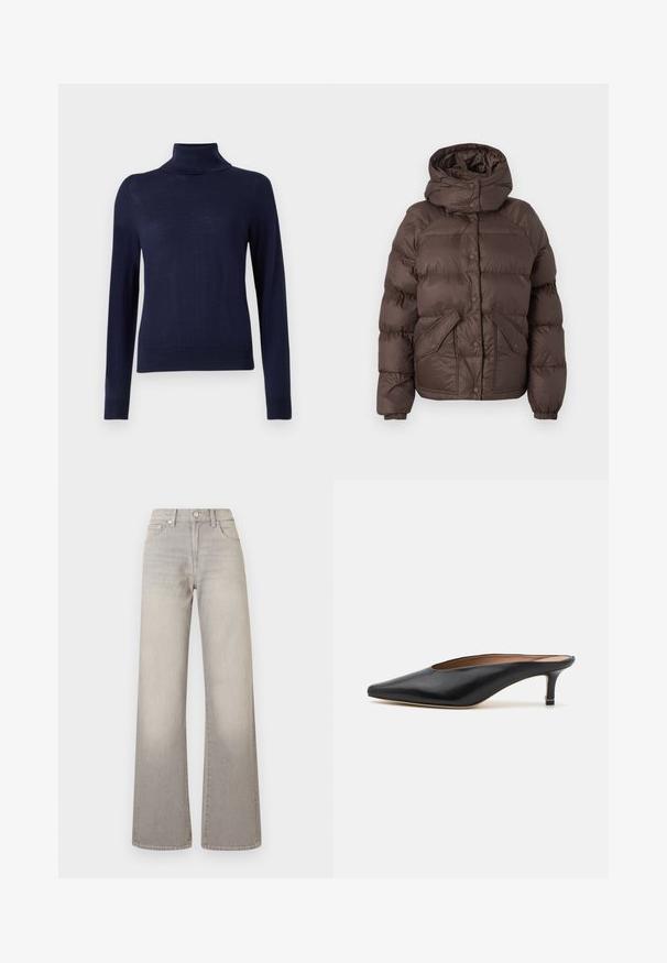 Cafékleurige pufferjack met een capuchon, voorzien van een gestikt ontwerp, drukknoopsluiting en twee zijzakken. Gemaakt van waterafstotend materiaal.; Marineblauwe coltrui, gemaakt van fijne brei stof, beschikt over lange mouwen, een geribbelde kraag en een aansluitend ontwerp zonder zichtbare patronen of details.; Grijze wijde jeans met een vervaagde afwerking, knoopsluiting, vijfzakkenontwerp en gestikte details langs de naden.; Zwarte leren muiltjes met een puntige neus en een lage, blokhak. Glad oppervlak met een gestroomlijnd ontwerp. Open achterkant met minimale details.