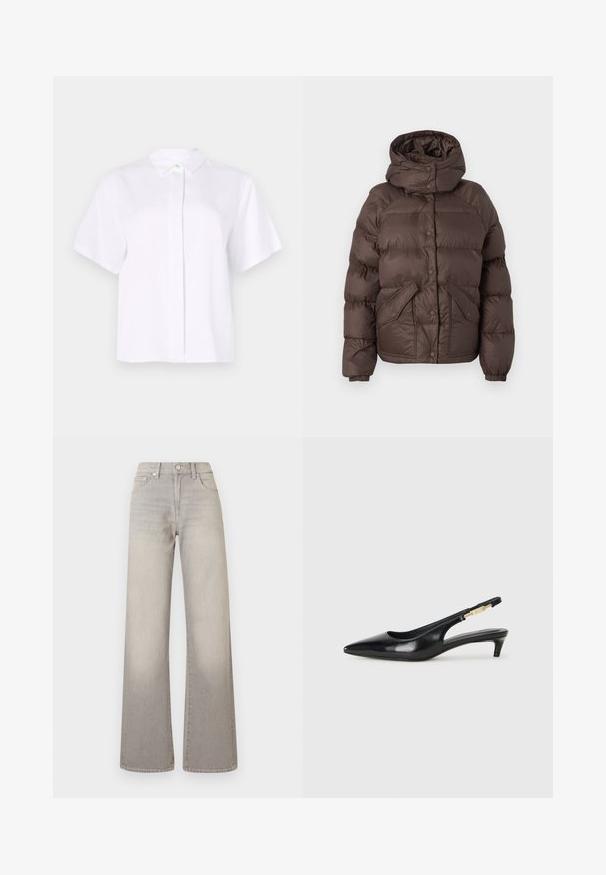 Brown puffer jacket with a hood, featuring a quilted design, snap buttons, and two side pockets. Made from water-resistant material.; Short-sleeved white shirt made from smooth fabric, featuring a pointed collar and a button placket with a green accent button.; Gray wide-leg jeans with a faded finish, button closure, five-pocket design, and stitched detailing along the seams.; Black leather slingback heels with a pointed toe, featuring a slim heel and a gold-tone accent on the adjustable strap. Smooth texture.