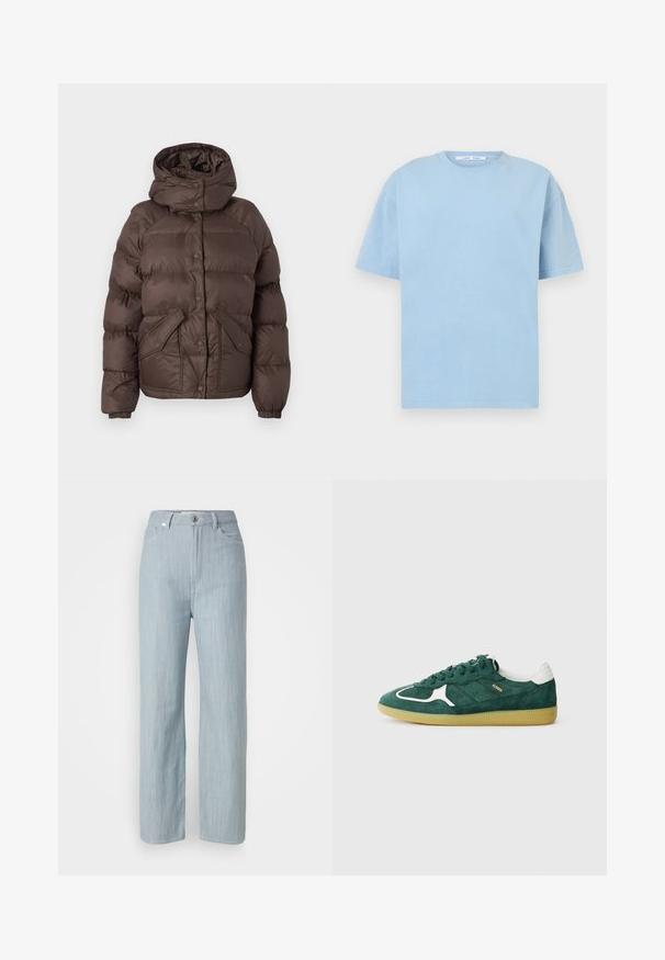 Rudas pūkinis švarkas su gaubtu, pasižymintis siuvinėta konstrukcija, spaudimo mygtukais ir dviem šoniniais kišenėmis. Pagamintas iš vandens atstumiančios medžiagos.; Šviesiai mėlyna trumparankovė medvilninė marškinėlių suapvalintu kaklu ir laisvo, neformalaus silueto. Glotni tekstūra, minimalistinis dizainas.; Šviesiai mėlyni tiesūs džinsai, pagaminti iš džinsinio audinio. Turi penkias kišenes, metalinį mygtuko užsegimą ir subtilų dėmėtumą, suteikiantį tekstūrą.; Žalios zomšinės sportinės bateliai su baltais akcentais, perforuotomis detalėmis ir tekstūruotu guminiu padu. Pridedamos apvalios raišteliai ir paminkštintas kulnas.