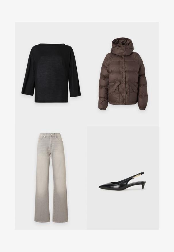 Braune Puffjacke mit Kapuze, verziert mit einem gesteppten Design, Druckknöpfen und zwei Seitentaschen. Hergestellt aus wasserabweisendem Material.; Schwarzes, locker sitzendes Oberteil mit weitem Ausschnitt und drei Viertelärmeln. Das Material wirkt weich und leicht mit einer glatten Textur.; Graue weit geschnittene Jeans mit einem verblassten Finish, Knopfverschluss, fünf Taschen und gestickten Details entlang der Nähte.; Schwarze Leder-Slingback-Pumps mit spitzem Schuhblatt, ausgestattet mit einem schlanken Absatz und einem goldfarbigen Akzent am verstellbaren Riemen. Glatte Textur.