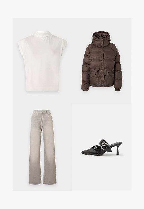 Brązowa kurtka puchowa z kapturem, z pikowanym wzorem, napami zatrzaskowymi i dwoma kieszeniami po bokach. Wykonana z materiału odpornego na wodę.; Biały bezrękawnik z golfem wykonany z miękkiego materiału, charakteryzujący się nowoczesnym krojem, gładką fakturą i delikatnym detalem w postaci prążkowanego wykończenia.; Szare dżinsy o szerokich nogawkach z wyblakłym wykończeniem, zapięcie na guzik, pięć kieszeni oraz przeszycia wzdłuż szwów.; Czarne mule na wysokim obcasie z ostrym noskiem, wykonane z gładkiej skóry. Posiadają szeroki pasek na kostkę z kwadratową srebrną klamrą i ćwiekami.