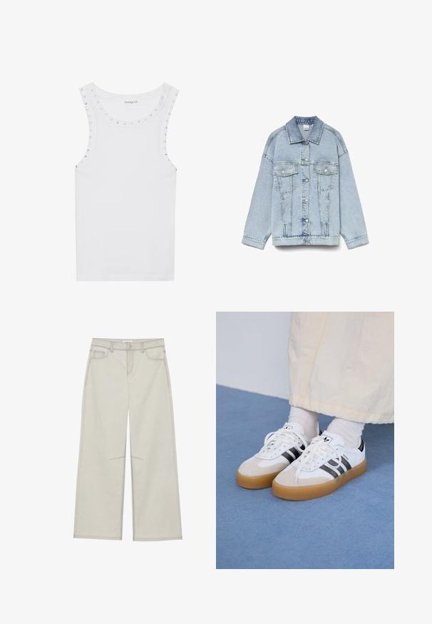 Svijetloplava traper jakna s oštrim kragnom, velikim prednjim džepovima i dugmadima za zatvaranje. Ima opušteni kroj i vidljive šavove.; Bijela bezrukava majica od pamuka, s okruglim izrezom ukrašenim srebrnim zakovicama duž ramena za dodatni detalj.; Svijetlosivi široki hlače s pet džepova, prednjim kopčanjem na dugme i kontrastnim šavovima. Tkanina izgleda mekano i izdržljivo.; Bjele tenisice s crnim prugama i bež suknjom. Imaju teksturiranu gumu potplat i ravne bijele vezice, nošene uz svijetle čarape.