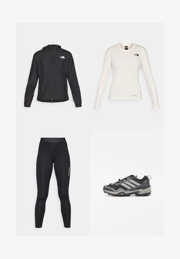 The North Face HIGHER RUN JACKET - Windjack - black; The North Face SHADOW LONG SLEEVE - Longsleeve - white dune; Zwarte sportleggings met een aansluitend ontwerp, gemaakt van rekbaar materiaal. Voorzien van zijzakken en witte "TERREX" branding.; Zwarte en grijze wandelschoen met een gestructureerd oppervlak, rubberen zool en drie prominente grijze strepen aan de zijkant; beschikt over een snelschoenvetersysteem.