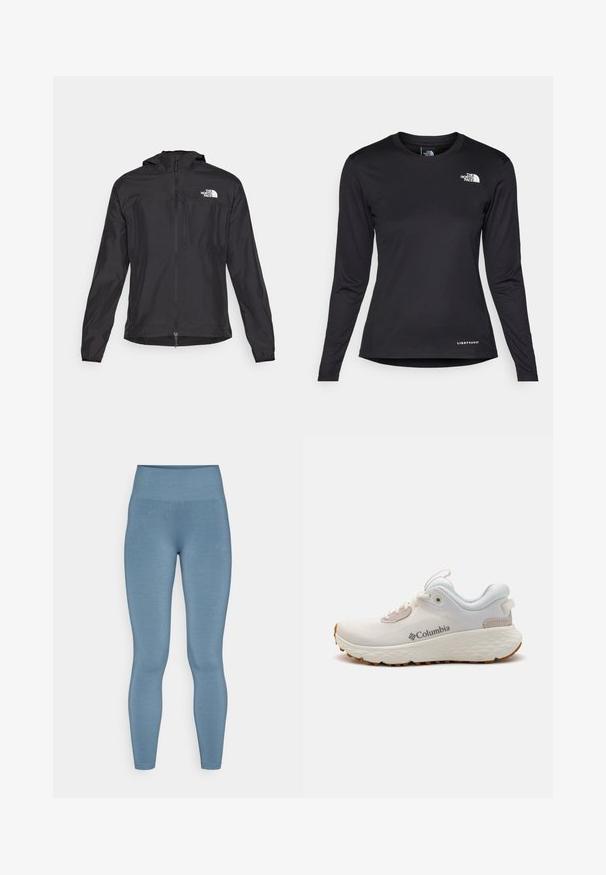 The North Face HIGHER RUN JACKET - Větrovka - black; The North Face SHADOW LONG SLEEVE - Top s dlouhým rukávem - black; Legíny s vysokým pasem vyrobené z hladkého, elastického materiálu v světlé modré barvě, s přiléhavým střihem a bez vzorů nebo viditelných švů.; Lehké atletické boty Columbia v bílé síťovině s texturovanou šedou podrážkou a gumovým gripem. Obsahují polstrovaný límec a šněrování.