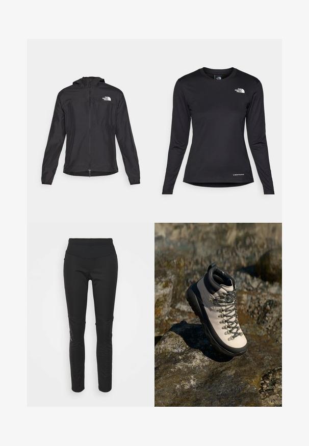 The North Face HIGHER RUN JACKET - Tuulejope - black; The North Face SHADOW LONG SLEEVE - Pikkade varrukatega topp - black; Mustad sportlikud sukkpüksid kõrge vöökoht, sile tekstuur, logode detail ja külgmised paneelid visuaalse huvi lisamiseks.; Heledbeez hikingud asjad musta kummist tallaga, painduva ülaosaga, metallist silmade ja hallide paeltega, asetatud kivisele pinnale.