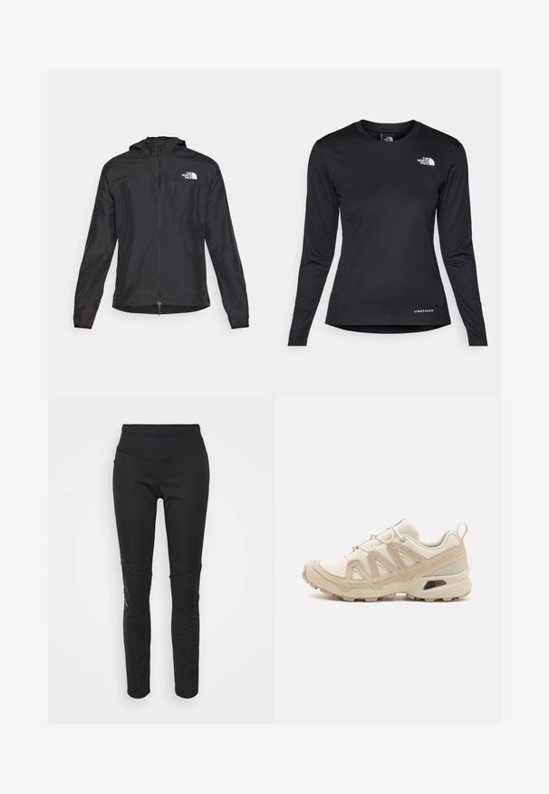 The North Face HIGHER RUN JACKET - Corta-vento - black; The North Face SHADOW LONG SLEEVE - Camisola de manga comprida - black; Leggings atléticos pretos com um cós alto, textura suave, detalhe do logótipo e painéis laterais para um interesse visual acrescentado.; Sapatilha atlética beige e creme com parte superior em malha texturizada, sobreposições de suporte e sola de borracha com um padrão de cravo para tração.
