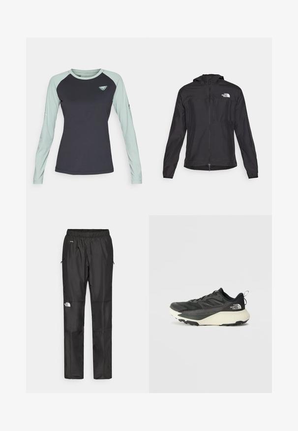 The North Face HIGHER RUN JACKET - Vjetrovka - black; Dynafit ALPINE PRO TEE - Top dugih rukava - black out/jadelite; Crne vodootporne hlače napravljene od lagane tkanine, s elastičnim pojasom, bočnim džepovima i logotipom na lijevoj nozi.; Crna atletska cipela s teksturiranim gornjim dijelom, sivim detaljima i bijelim međuslojem. Ima držač i istaknutu marku na peti.