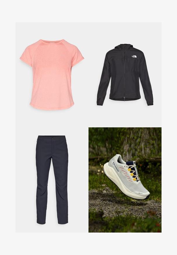 The North Face HIGHER RUN JACKET - Vindjakke - black; Kortsleeve treningstrøye i lys rosa, laget av teksturert stoff med rund hals og en subtil logo foran.; Marineblå bukser laget av glatt stoff, med frontknappelukking, slim-fit design og pressede detaljer ved knærne.; Hvite joggesko med grå og rosa detaljer, GORE-TEX merke, mesh overdelen og en teksturert såle, designet for utendørs terreng.