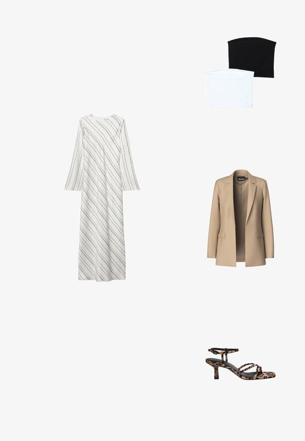 Bež blazer z obloženimi reverji in dvema sprednjima žepoma; izdelan iz gladkega materiala, ima odprto sprednjo stran in prilegajoč kroj.; Dolga bela obleka z črnimi diagonalnimi črtami, okrognim izrezom in razširjenimi rokavi. Narejena iz gladkega, lahkotnega materiala.; Dve brezšivne cevi šali: ena črna in ena bela. Obe sta izdelani iz mehkega, raztegljivega materiala in imata gladko teksturo brez vzorcev.; Sandal s petto s kvadratnim vrhom, več trak in srednje visoko peto v leopardjem vzorcu. Narejeni iz mehkega tekstilnega materiala.