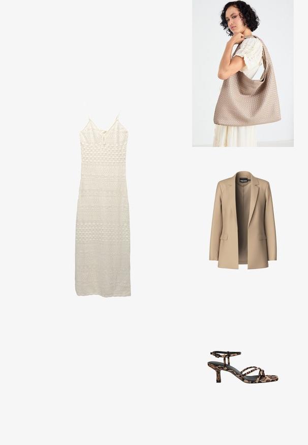 Beige Blazer mit Reverskragen und zwei Vordertaschen; aus glattem Stoff gefertigt, hat er eine offene Vorderseite und eine figurschmeichelnde Passform.; Weißes gehäkeltes Maxikleid mit dünnen verstellbaren Trägern, das ein aufwändiges Muster aus Diamanten und Linien im gesamten Stoff zeigt.; Leopardenmuster Absatzsandalen mit Quadratzehen, mehreren Riemen und einem mittelhohen Absatz. Hergestellt aus weichem Textilmaterial.; Beige Woven Tote Bag mit lässigem Design und einem einzelnen Schulterriemen. Verfügt über ein strukturiertes Muster auf der gesamten Oberfläche.