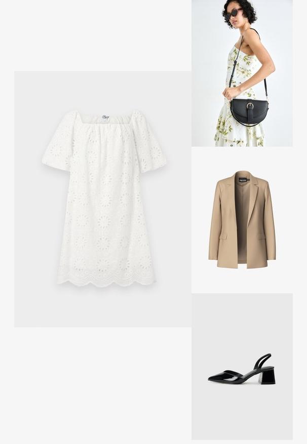 Beige blazer with notched lapels and two front pockets; made of smooth fabric, it has an open front and a tailored fit.; White dress featuring a square neckline and short puff sleeves. Made from textured fabric with floral cut-out patterns and scalloped hem.; Black patent leather slingback heels with a pointed toe and a geometric block heel. Features a sleek, minimal design and smooth texture.; Black leather handbag with a curved shape, detachable strap, and gold hardware. The bag features a flap with a buckle detail.