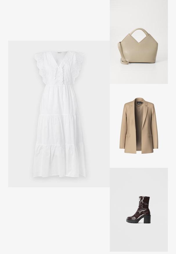 Blazer bege com lapelas recortadas e dois bolsos frontais; feito de um tecido suave, tem um fecho aberto e um corte ajustado.; Vestido maxi de algodão branco com mangas de renda em forma de onda, decote em V, detalhes em botões e design de saia em camadas. Textura suave em todo o vestido.; Bota de tornozelo burgundy brilhante com um salto preto robusto, apresentando uma textura suave e um design simples. Sem fechos ou padrões visíveis.; Bolsa estruturada bege com um topo em forma de V, material de couro liso, alças curtas e uma alça longa ajustável. Design minimalista.