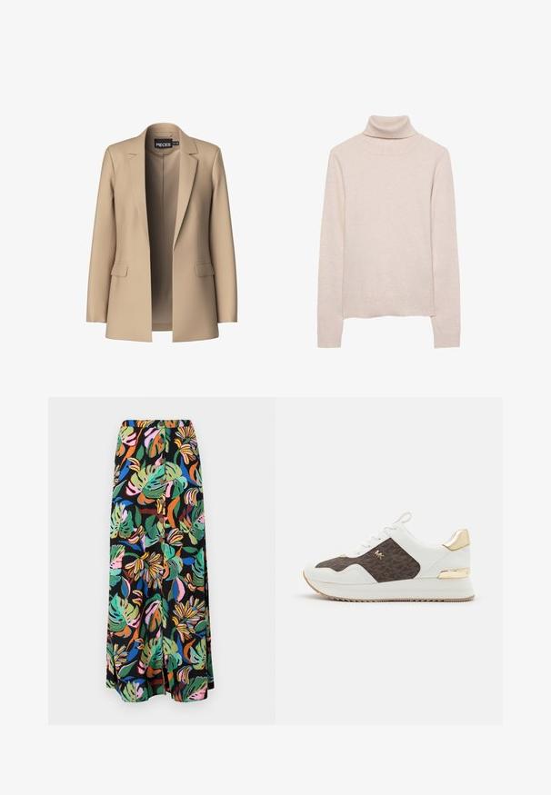Blazer beige avec revers crantés et deux poches avant ; fabriqué en tissu doux, il a une ouverture à l'avant et une coupe ajustée.; Pull col roulé rose clair en maille douce. Comprend des manches longues et un col et un ourlet côtelés. Design ajusté classique.; Jupe longue à motifs tropicaux vibrants de feuilles et fleurs en vert, rose, orange et bleu sur fond noir, avec des détails bouton.; Baskets blanches avec un panneau en tissu à motif marron, accents en métal doré, bout rond, design à lacets et semelle en caoutchouc texturé.