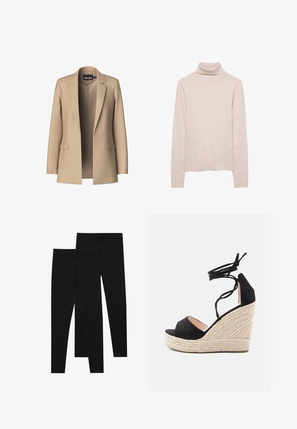 Beige Blazer mit Reverskragen und zwei Vordertaschen; aus glattem Stoff gefertigt, hat er eine offene Vorderseite und eine figurschmeichelnde Passform.; Hellrosa Rollkragenpullover aus weichem Strickmaterial. Verfügt über lange Ärmel sowie einen gerippten Kragen und Saum. Klassisches, enganliegendes Design.; Schwarze Leggings aus dehnbarem Stoff, mit einem nahtlosen Bund und einer schmalen Passform, geeignet für Freizeit oder Sport.; Schwarze Wildleder-Wedge-Sandalen mit einer geflochtenen Jute-Plattform, ausgestattet mit überkreuzten Knöchelriemen und einem offenen Zehendesign.