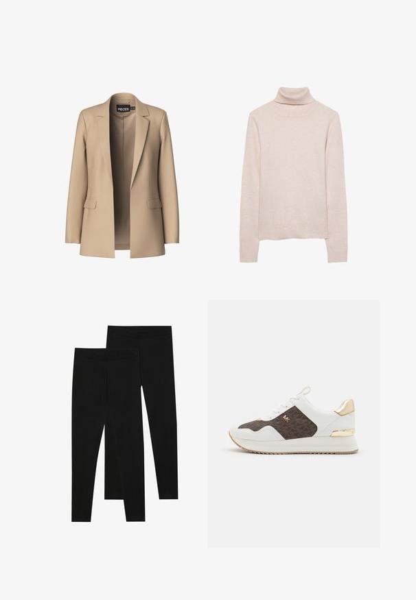 Blazer beige con rever classico e due tasche frontali; realizzato in tessuto liscio, ha un'apertura frontale e una vestibilità su misura.; Maglione a collo alto di un delicato rosa chiaro, realizzato in morbido tessuto a maglia. Presenta maniche lunghe e un collo e un orlo a coste. Design classico e aderente.; Leggings neri realizzati in tessuto elastico, con una vita senza cuciture e un design slim fit, adatti per l'abbigliamento casual o per l'esercizio.; Sneakers bianchi con pannello in tessuto a motivo marrone, dettagli in metallo dorato, punta rotonda, design con lacci e suola in gomma texturizzata.