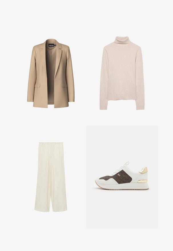 Béžový blazer s klopami a dvěma předními kapsami; vyrobený z hladké tkaniny, má otevřený přední díl a přiléhavý střih.; Světle růžový rolák vyrobený z měkké pleteniny. Má dlouhé rukávy a žebrovaný výstřih a lem. Klasický přiléhavý střih.; Krémové široké kalhoty s elastickým pasem a měkkou, hladkou tkaninou. Disponují záhybovým designem a volným, splývavým střihem.; Bílé tenisky s hnědým vzorovaným textilním panelem, zlatými kovovými akcenty, kulatou špičkou, šněrovacím designem a texturovanou gumovou podrážkou.