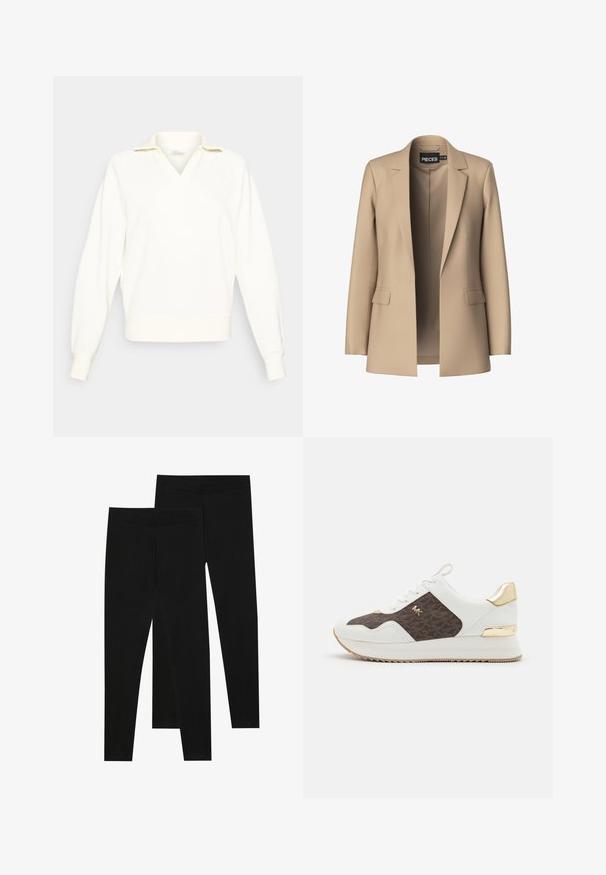 Blazer beige con rever classico e due tasche frontali; realizzato in tessuto liscio, ha un'apertura frontale e una vestibilità su misura.; Felpa bianca con scollo a V e colletto corto. Presenta maniche lunghe, leggermente a sbuffo e polsini a costine all'orlo.; Leggings neri realizzati in tessuto elastico, con una vita senza cuciture e un design slim fit, adatti per l'abbigliamento casual o per l'esercizio.; Sneakers bianchi con pannello in tessuto a motivo marrone, dettagli in metallo dorato, punta rotonda, design con lacci e suola in gomma texturizzata.