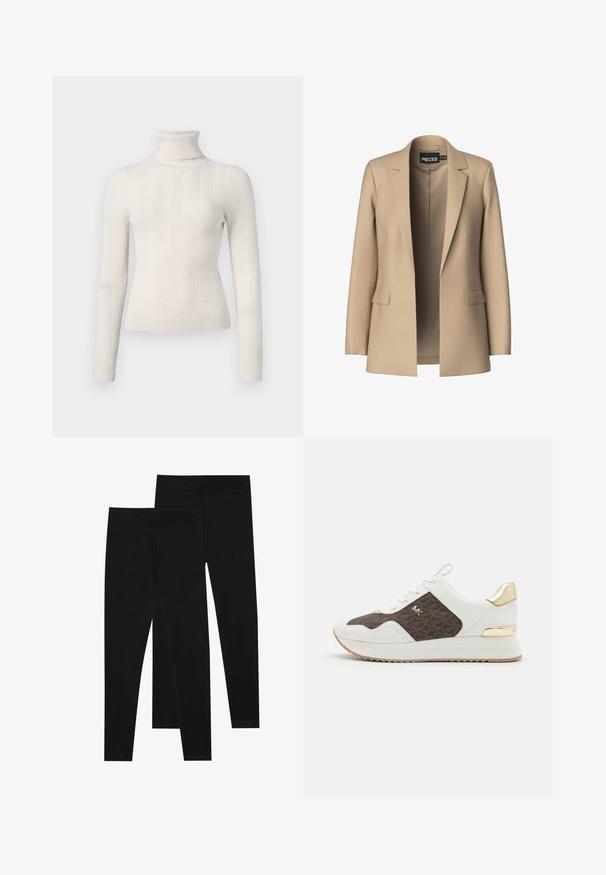 Beige zakó, élénk hajtókával és két elülső zsebbel; sima anyagból készült, nyitott elülső résszel és testhezálló szabással.; Krém színű garbós pulóver bordás kötött anyagból készült. Hosszú ujjak jellemzik, és testhezálló kialakítással rendelkezik, finom függőleges csíkokkal.; Fekete leggings rugalmas anyagból, varrat nélküli derékkal és karcsú szabással, alkalmas hétköznapi viseletre vagy edzésre.; Fehér sportcipők barna mintás szövetpanellel, arany Hardver díszítéssel, kerek orral, fűzős kialakítással és texturált gumitalppal.