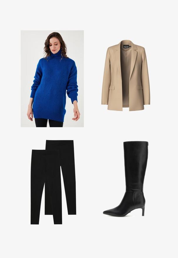Blazer beige con rever classico e due tasche frontali; realizzato in tessuto liscio, ha un'apertura frontale e una vestibilità su misura.; Maglione turchese a collo alto realizzato in tessuto morbido e testurizzato, con spalle scese, polsini a coste e una vestibilità ampia.; Leggings neri realizzati in tessuto elastico, con una vita senza cuciture e un design slim fit, adatti per l'abbigliamento casual o per l'esercizio.; Stivale nero in pelle fino al ginocchio con punta affusolata e tacco basso. Texture liscia e design aderente, caratterizzato da hardware minimale e senza fantasie.