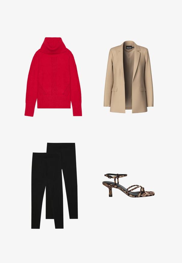 Beige Blazer mit Reverskragen und zwei Vordertaschen; aus glattem Stoff gefertigt, hat er eine offene Vorderseite und eine figurschmeichelnde Passform.; Roter gestrickter Rollkragenpullover mit einem gerippten Muster, vertikalen Details und breiten gerippten Bündchen sowie Saum. Weicher, dicker Stoff.; Schwarze Leggings aus dehnbarem Stoff, mit einem nahtlosen Bund und einer schmalen Passform, geeignet für Freizeit oder Sport.; Leopardenmuster Absatzsandalen mit Quadratzehen, mehreren Riemen und einem mittelhohen Absatz. Hergestellt aus weichem Textilmaterial.