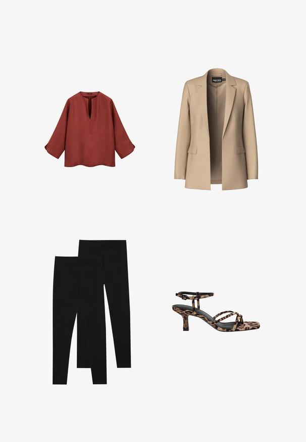 Beige blazer met notch-lapels en twee voorzakken; gemaakt van gladde stof, het heeft een open voorkant en een getailleerde pasvorm.; Roodbruine linnen blouse met een v-hals, driekwartmouwen en een afgeronde onderkant. Heeft een losse pasvorm en subtiele knoopaccenten bij de manchetten.; Zwarte leggings van rekbaar materiaal, met een naadloze tailleband en een slank ontwerp, geschikt voor casual wear of lichaamsbeweging.; Luipaardprint hakken met een vierkante neus, meerdere bandjes en een middelhoge hak. Gemaakt van zacht textielmateriaal.